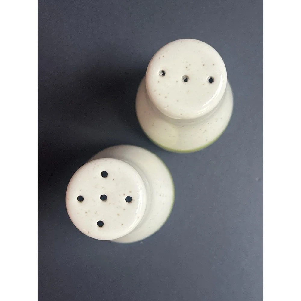 VTG Japan Speckled Stoneware Salt Pepper Shakers Green Band MCM Farmhouse 3